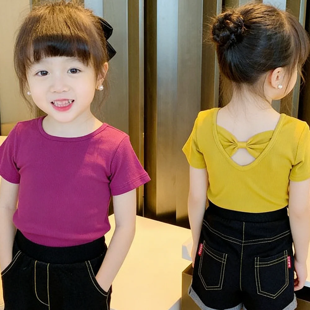 Summer Girls T-shirt 1-8 Years Kids Short Sleeved Back Bow-knot Baby Candy Color Shirt Clothes Chilren's Solid Color Top Tees