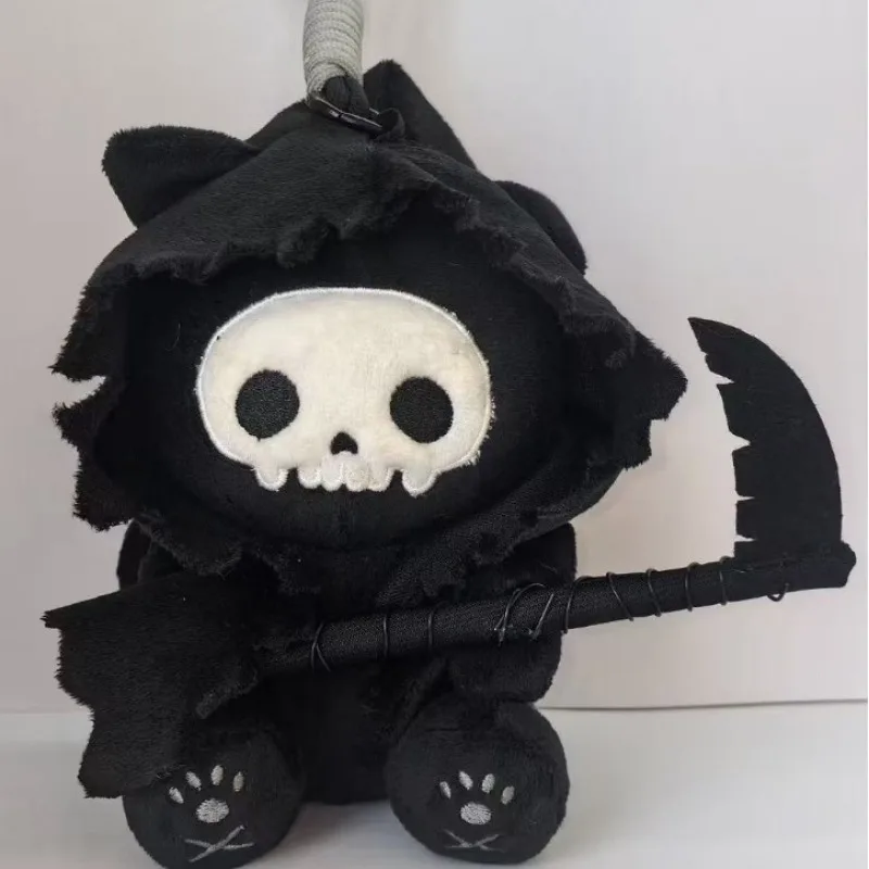 Halloween Grim Reaper Black Cat Plush Pendant Scythe Skull Face Stuffed Bag Charm Spooky Plush Toy For Backpack Purse Decor