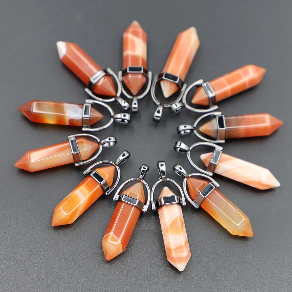 New Featured Natural Gem Stone Quartz Crystal Onyx Hexagonal Pendulum Reiki Pendants Charm DIY Jewelry Making Necklaces 24Pcs