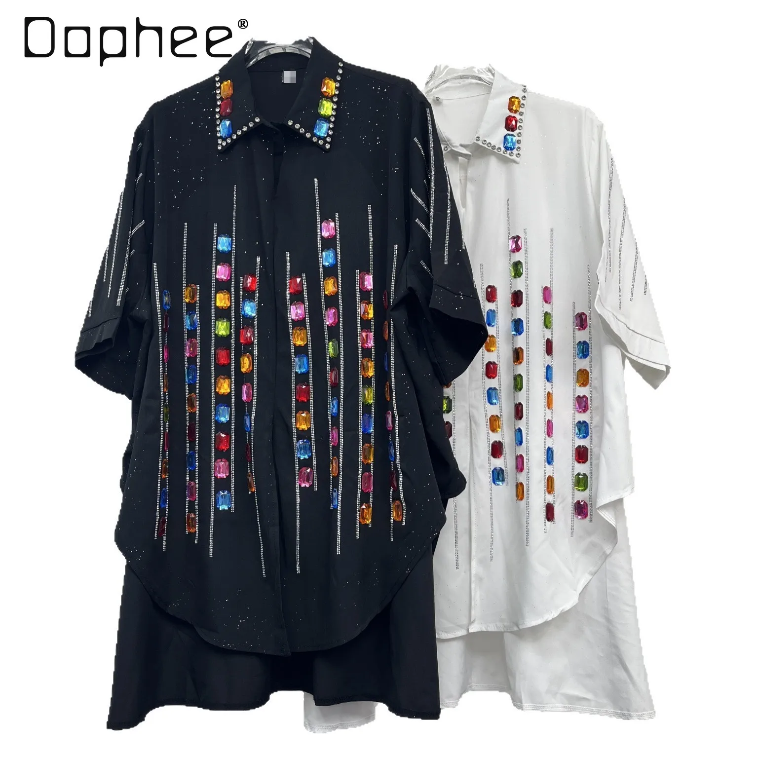 

Shirt Women's 2025 Spring and Summer New Heavy Industry Hot Diamond Handmade Temperament Shirt Top Lapel Short-sleeved Shirt