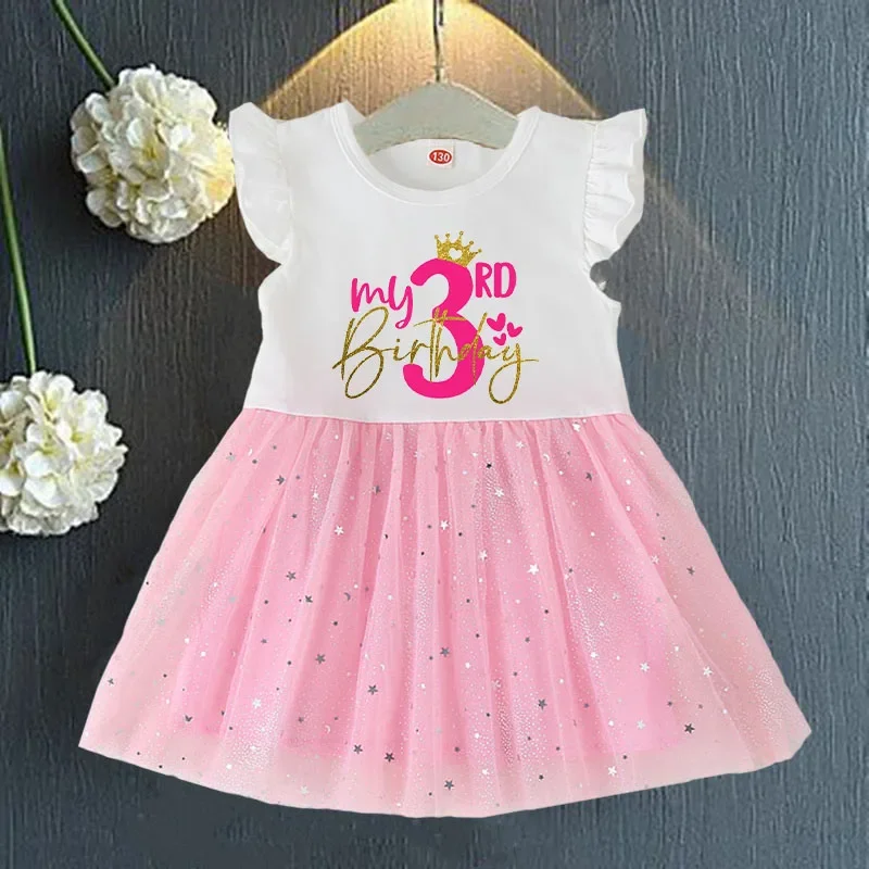 Birthday Party Girls Clothes Summer Princess Dresses Flying Sleeve Kids Dress My 1st Birthday Girls Dress Children Clothing 1-4Y