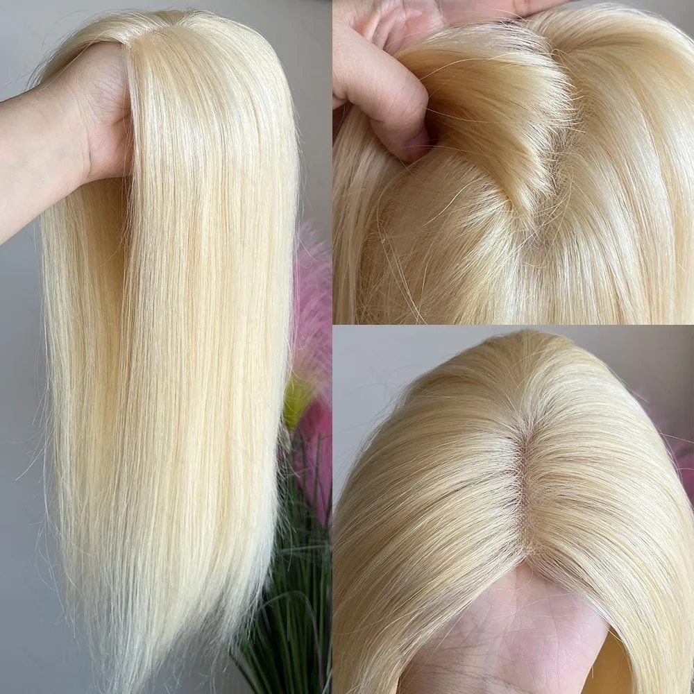 Berambut pirang # 613 Topper Rambut Asli Manusia 5x5 inci Basis Mono 14 inci Rajutan Tangan Bernapas Rambut Remy Buatan Mesin Dapat Diwarnai Dengan Mudah