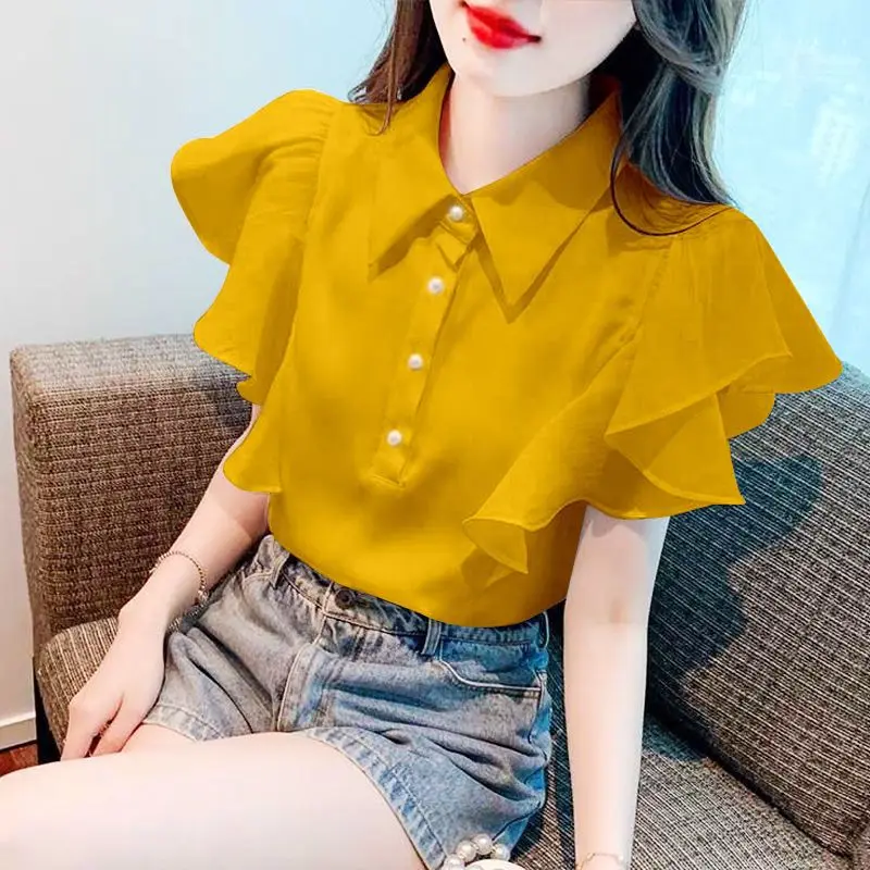 Minimalist Commuter 2024 Summer New Women\'s Polo-Neck Button Spliced Butterfly Sleeve Fashion Sweet Chic Basic Chiffon Blouse