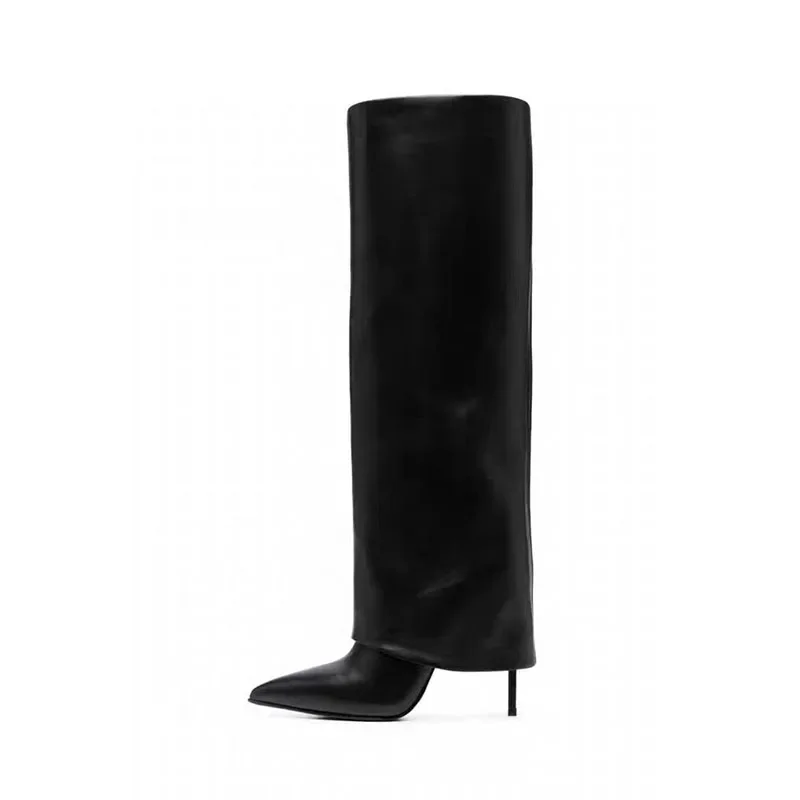 Arden Furtado Street Style Black Boots For Women Knee High Stilettos Brown Pointed Toe Riding Boots Knee High Boots Wide Calf