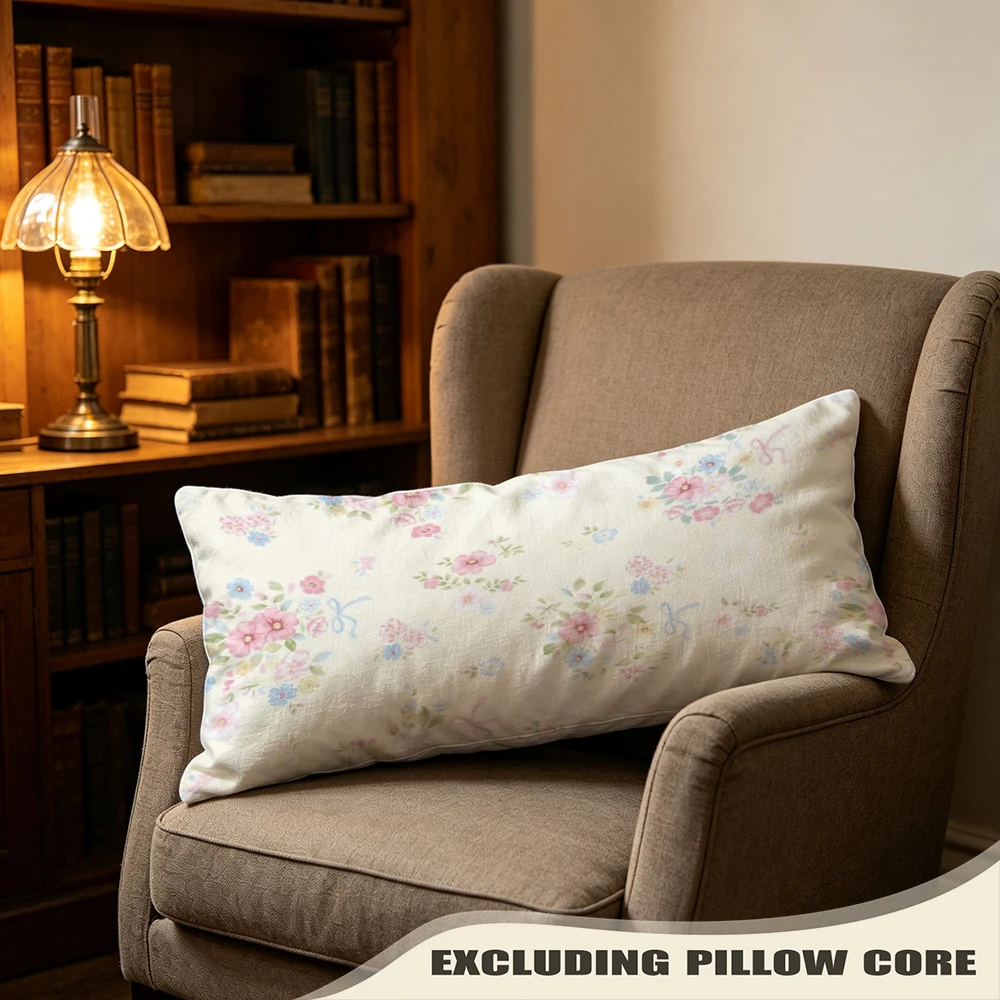 White Pink Sweet Ditsy Print Long Pillow Cover, Charming Style, Guest Bedroom Decorative, Polyester, Staging Decor, Chic