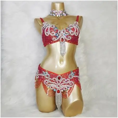 Costume de danse du ventre en cristal pour femmes, ensemble de 2 pièces, barre + ceinture, bikini, carnaval, gogo