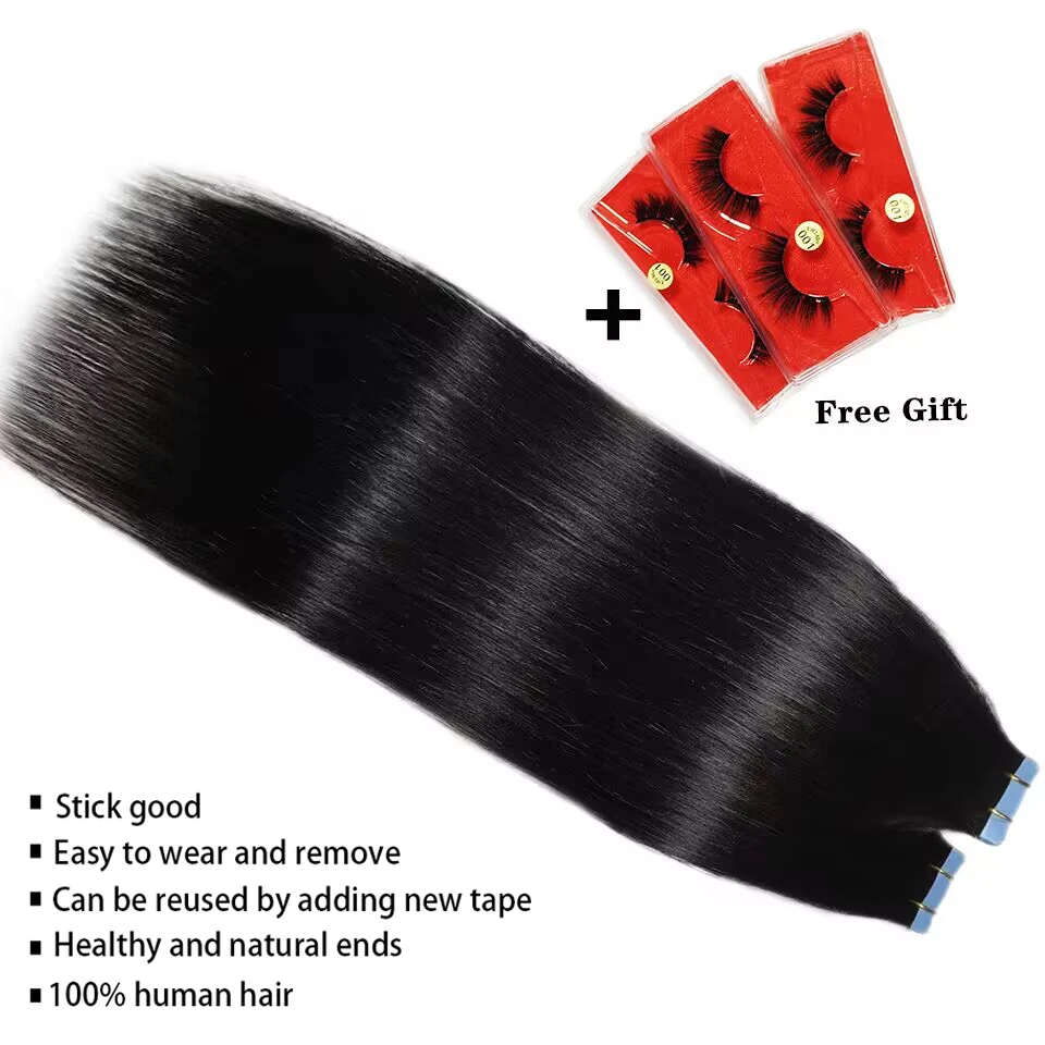 Cinta recta en extensiones de cabello humano, extensiones de cabello Natural 1B 100%, pegamento adhesivo de trama de piel Remy para salón de alta calidad