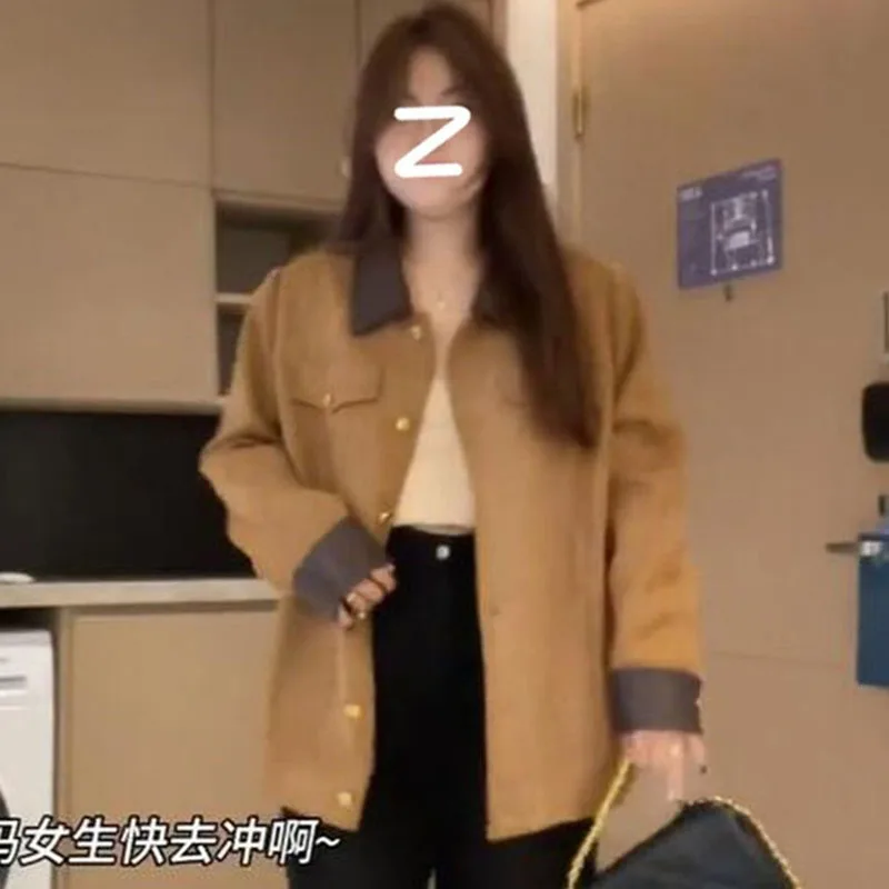 Korean Femme Loose Lmitation Deer Fur Outwear Ladies Casual Long Sleeves Top Jacket Winter Women Fashion Patchwork Cardigan Coat