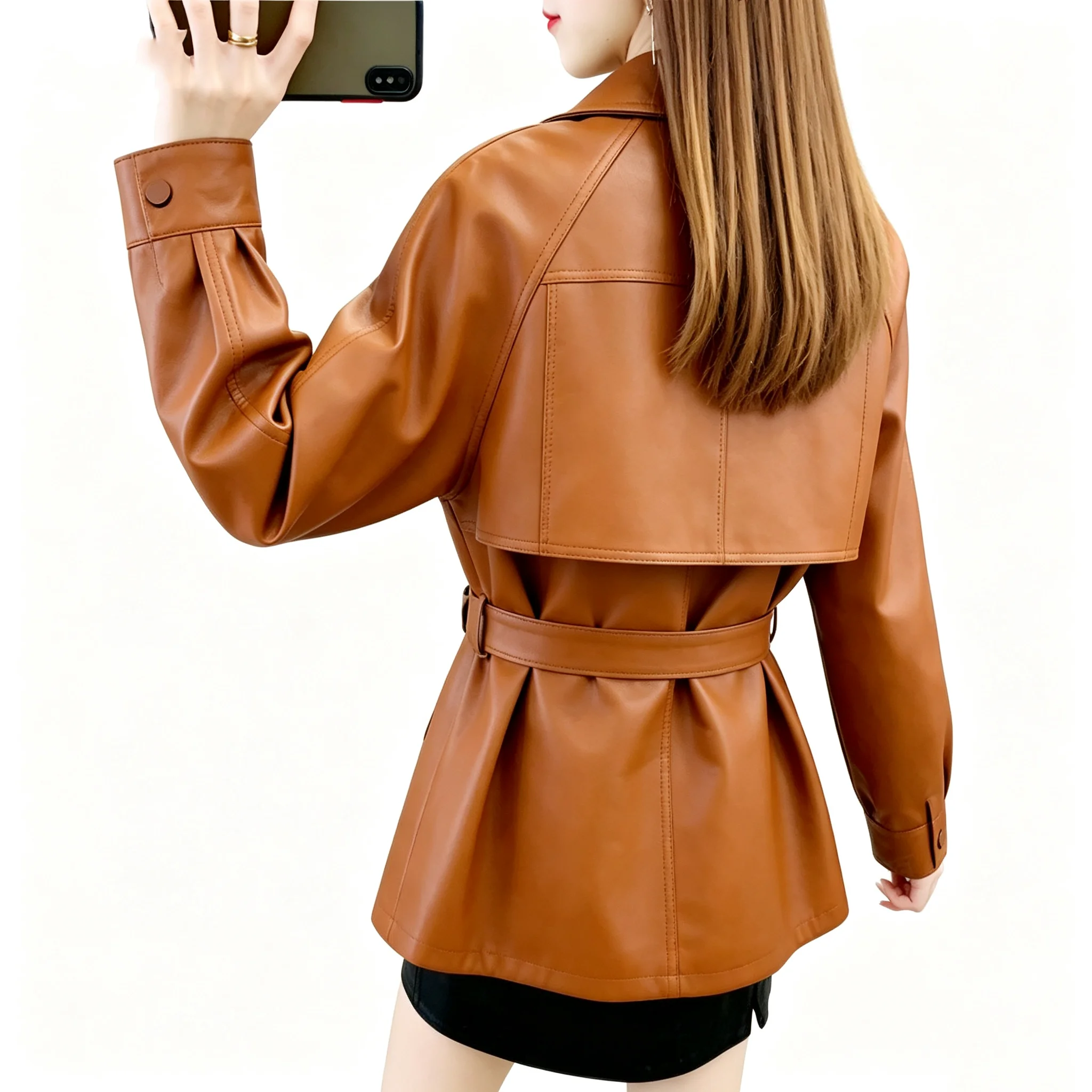 Women Faux Leather Jacket Lapel Collar Double‑Breasted Coat Short Outerwear Casual Office Fashion Winter Chic PU Leather Jacket