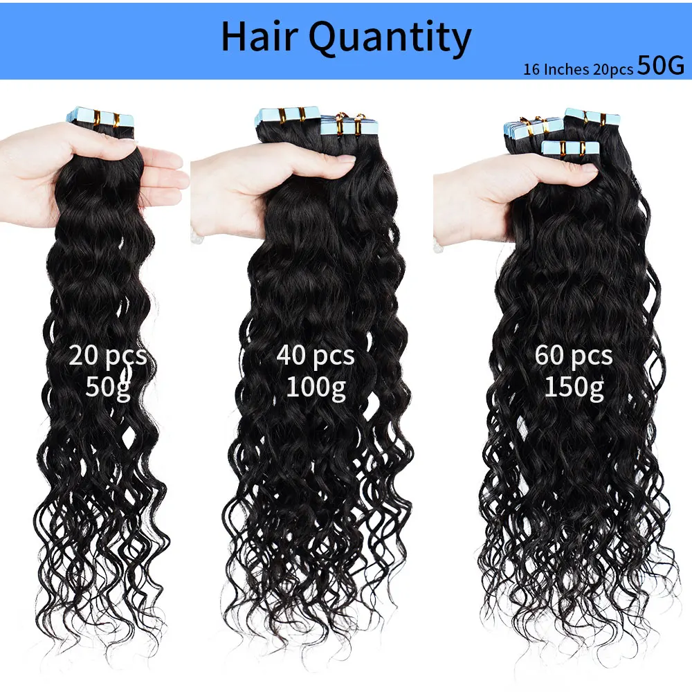 Water Wave Tape In Human Hair Extensions Adhesive Invisible Skin Weft Tape Hair Extensions Natural Wavy Curly Hair Remy 14”-26“