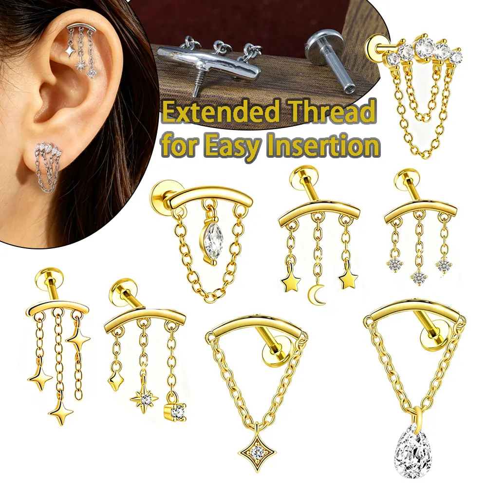 Dangle Chain CZ Zircon Labret Stud Extended Thread Helix Cartilage Piercing Stainless Steel Copper Inlaid Crystal Ear Piercing