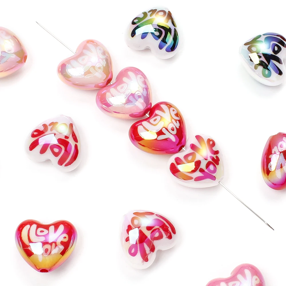 10Pcs Acrylic 3D Love Heart Beads Ab Color Focal Beads for Pens Hairpin Charms Diy Making for Making Bracelet Phone Chain