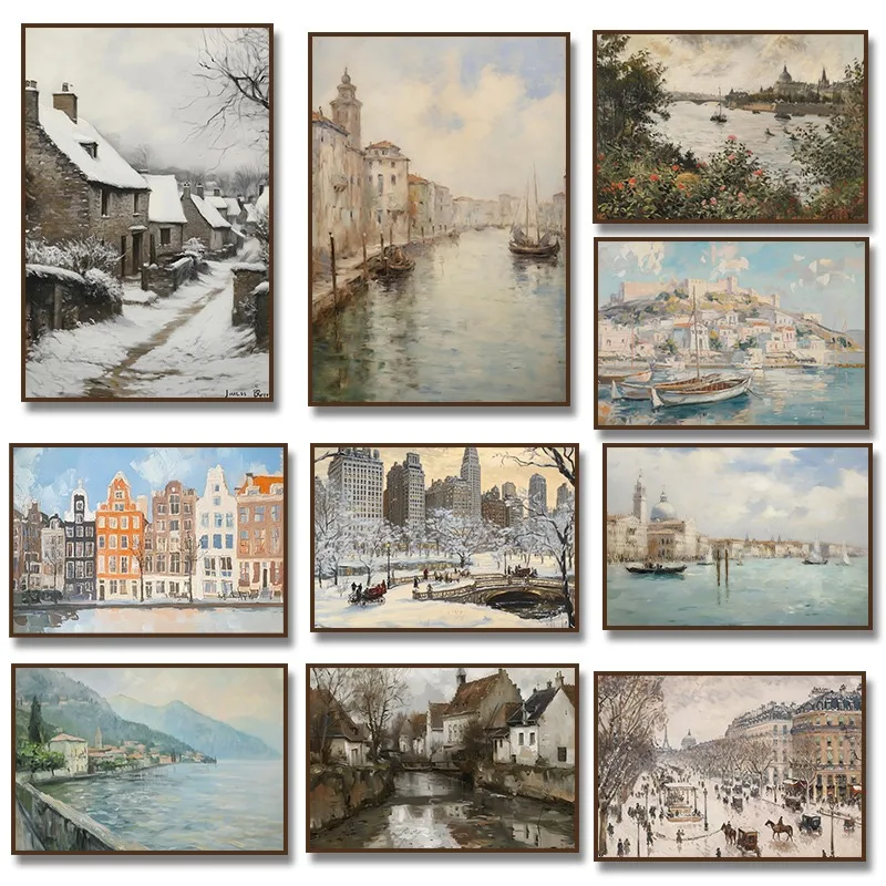 1pc framless Canvas Painting Seine River in Paris Rustic European CIty  Venice  Canvas Painting  Amsterdam Italian Landscape Pos