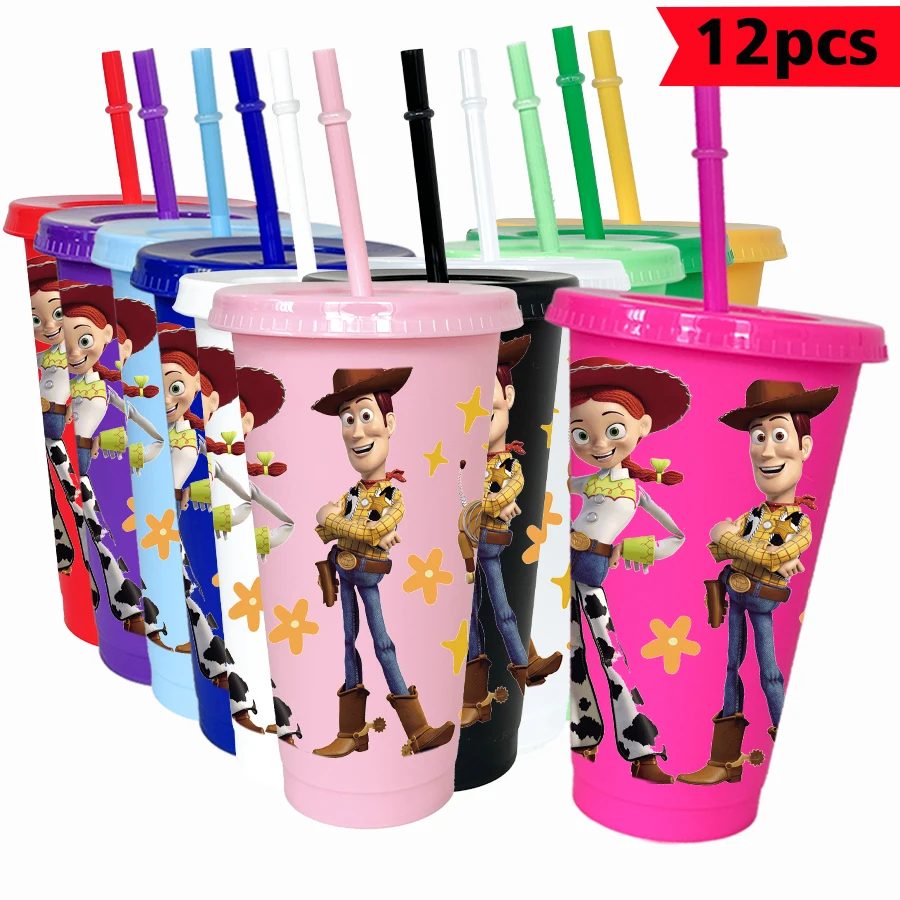 

12 Disney Denim Toys 26oz Colored Plastic Birthday Party Drinkware Juice Coffee Mugs