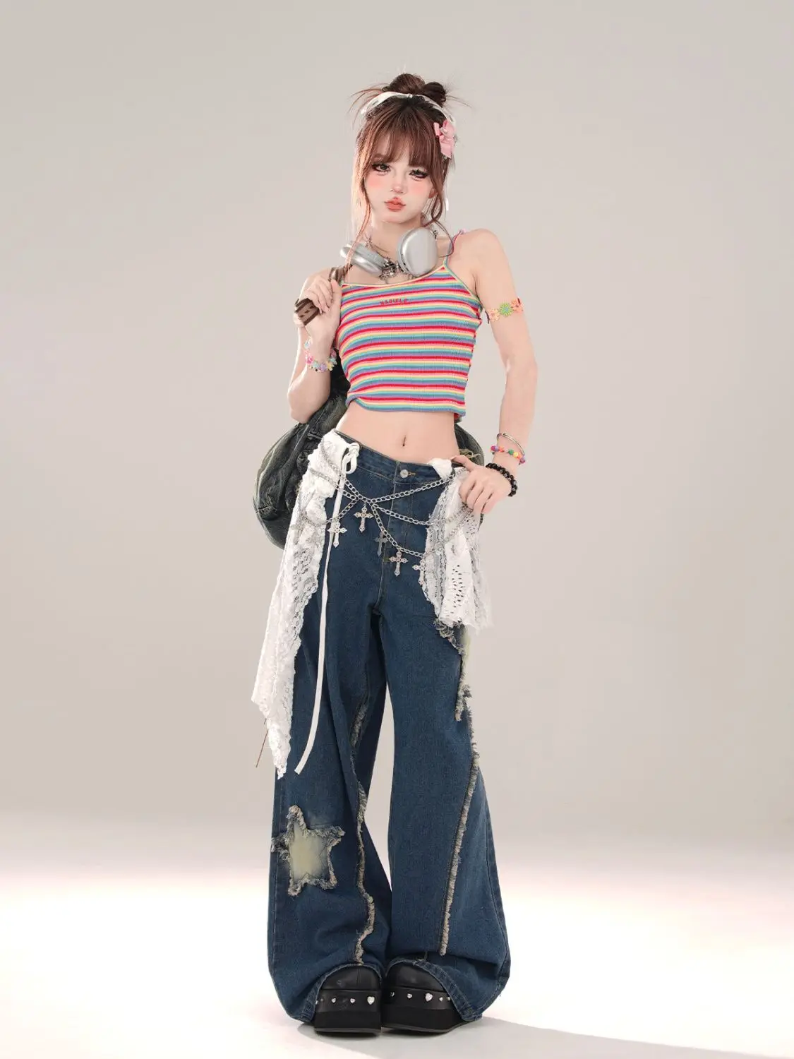 Denim Trousers Women\'s Wide Leg Jeans Street Cool Girl High Waist Baggy Pants Female Casual Straight