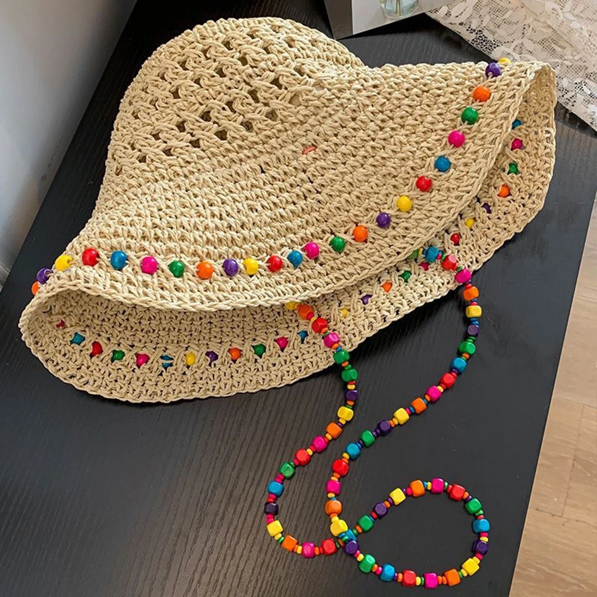 

Women'S Straw Hat Fashionable Colored Beads, Straw Hat, Large Hollow Ring, Foldable Fisherman Hat