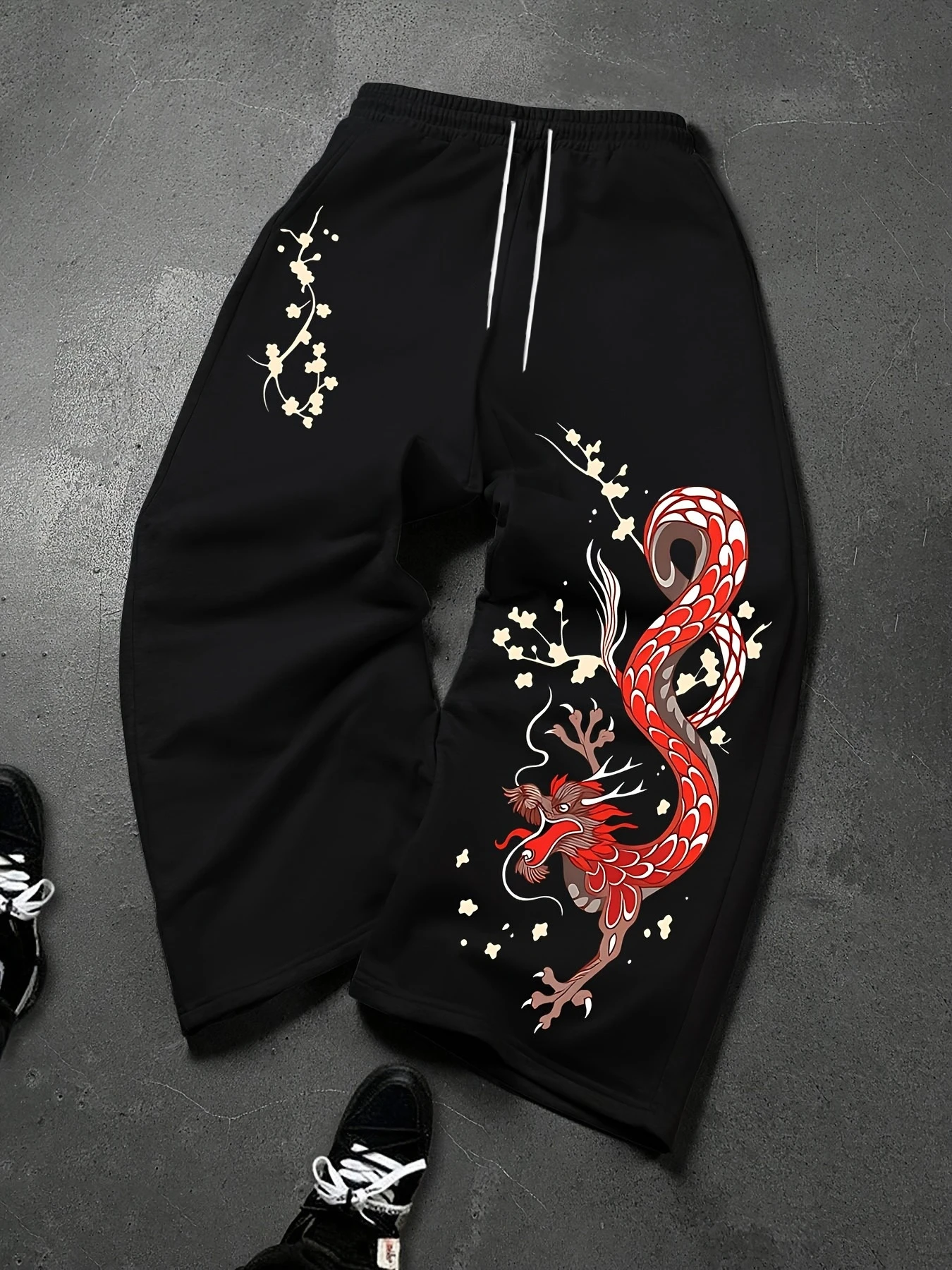 Men's casual sports pants, dragon&cherry blossom pattern printed sweatpants, drawstring wide leg casual pants