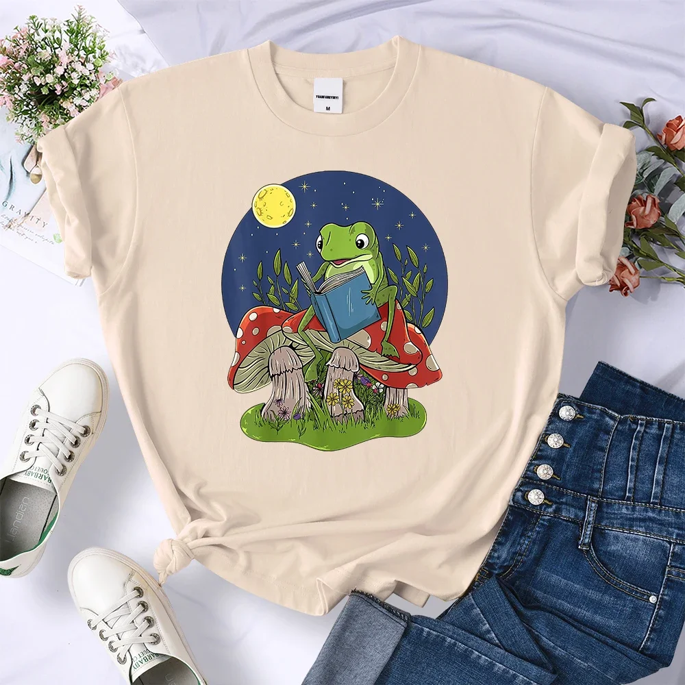 

Fashion Tshirts Street Comfortable Tops T Shirt Aesthetic Frog Vintage Reading Mushroom Womens T-Shirts