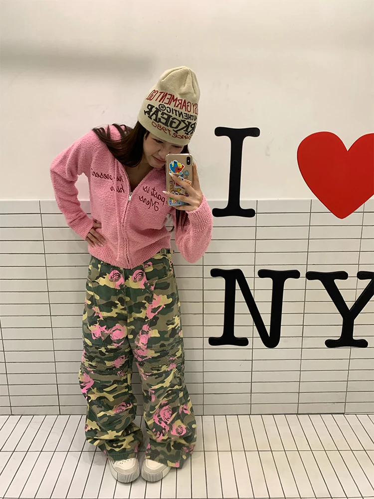 High Street Camouflage Casual Pants Women Contrast Color Pink Floral Print Overalls Loose Pleated Straight Trousers Hip Hop