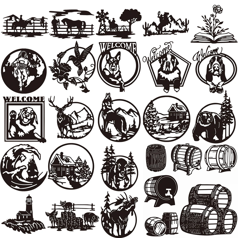 

Dogs Welcome Frame Reindeer Wolf Animal Cabin Circle Silhouette Cutting Dies Different Wooden Barrels Horse Training Ground Dies