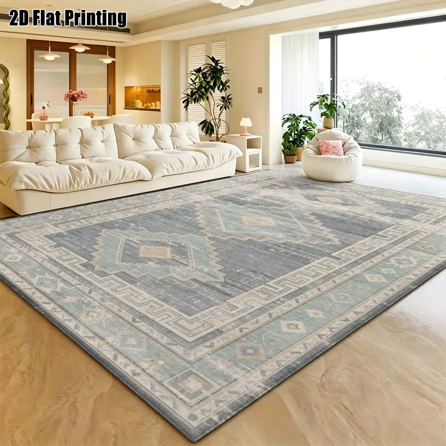 1Pc 2D Printed Blue-Grey Geometric Pattern Carpet: Retro, European-Style, Modern Minimalist, Geometric Striped Machine Washable, Multi-Size, Suitable for Home Decor Such as Living Room, Bedroom, Dining Room, Entryway, Study.