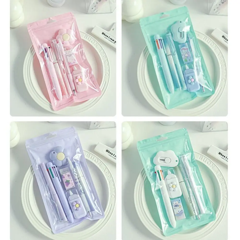 

Cute Gradient Color 6-in-1 Stationery Set Highlighter Correction Tape Pencil Eraser Portable Ballpoint Pen Set School Use