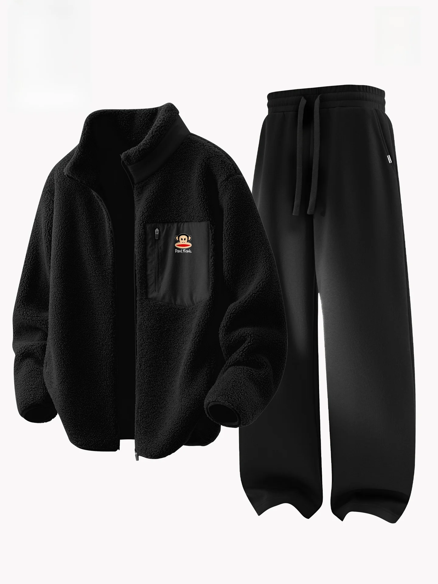 

Мужской осенне-зимний теплый повседневный спортивный костюм с воротником-стойкой на флисовой подкладке, из полиэфирного волокна, с длинными рукавами и длинными брюками