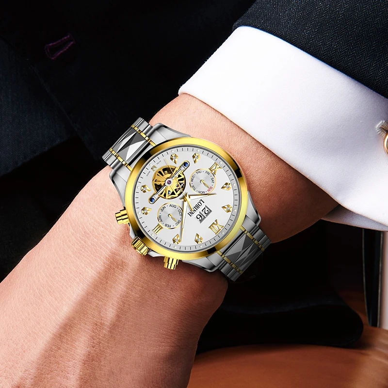 LOBINNI New Men's 50m Waterproof Top Brand Business 42mm Automatic Watch With Stainless Steel Band