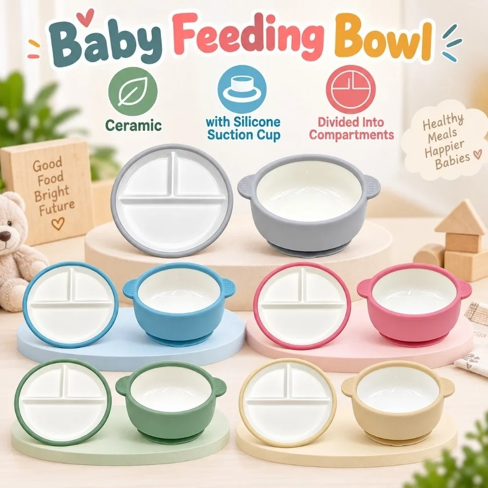 Ceramic Baby Feeding Bowl Divided Into Compartments Anti Drop Baby Tableware Food Grade Anti Scald Baby Dish Tableware