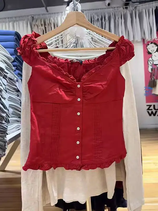 بلوزة نسائية صيفية كاجوال من مزيج القطن بتصميم أمريكي مع كشكشة عند الحافة وياقة على شكل V وأكمام قصيرة وخصر ضيق