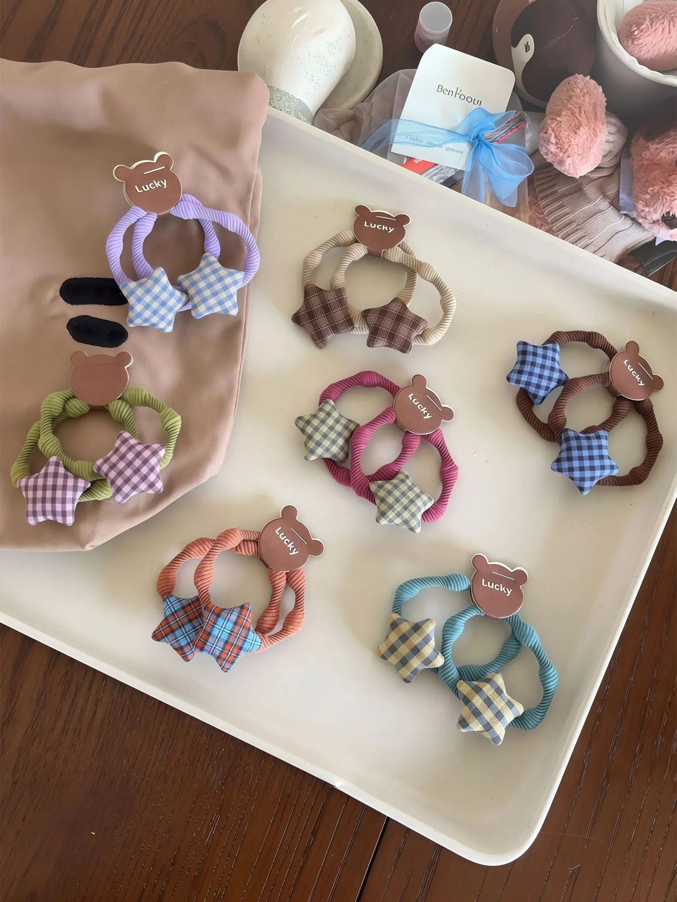4PCS  2026 New Vintage Checkered Star Button Hair Bun Hair String Ponytail Hair Elastic Headband Hair Accessory