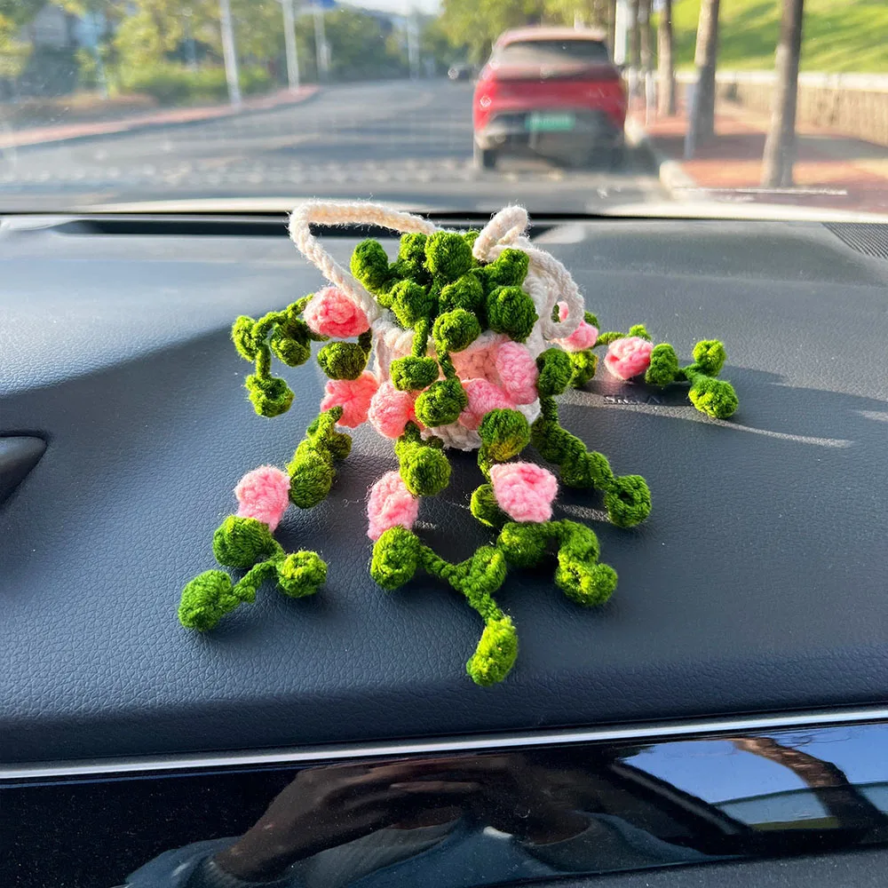 Handmade Cute Crochet Car Hanging Plant Rear view Mirror Plant Decoration Succulent Hanging Plant Car Accessory Gift