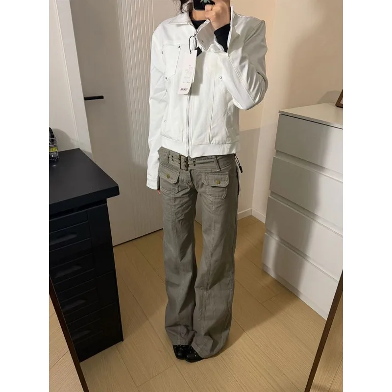 American Retro Gray Locomotive Wind Tooling Pants Spring New Spice Girl Design Sense Niche Straight Mopping Trousers