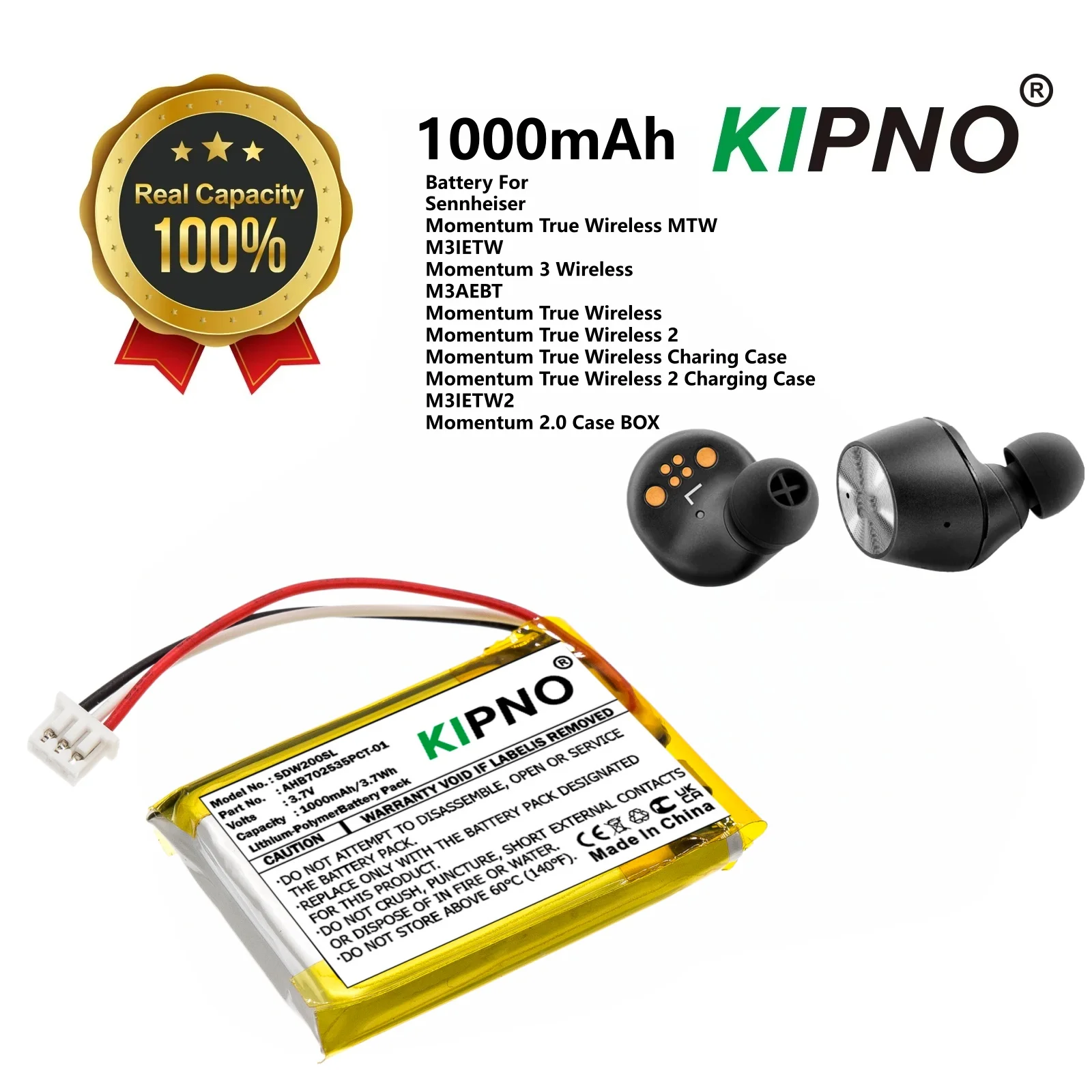 

1000mAh Headset Battery For Sennheiser Momentum 3 Wireless M3 Wireless M3AEBT MOMENTUM True Wireless AHB702535PCT-01 M3AEBTXL