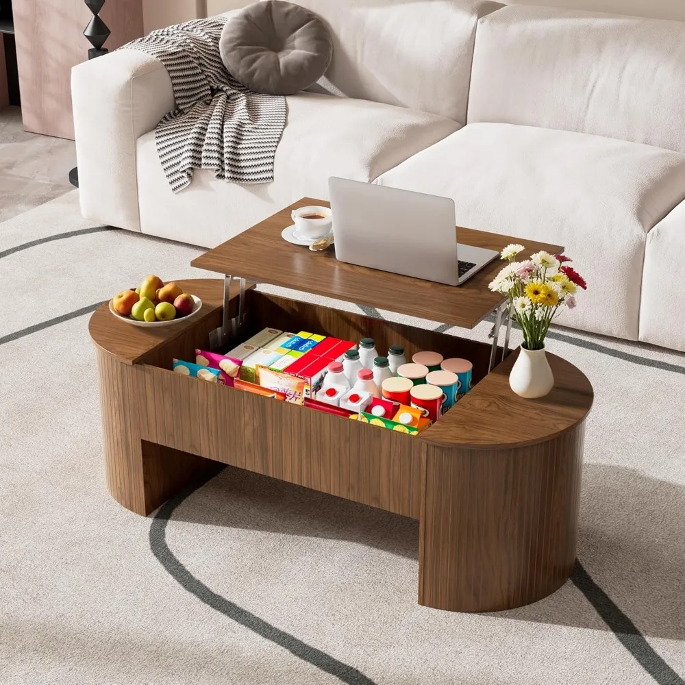 ミッドセンチュリーモダンな楕円形コーヒーテーブル、リフトトップと隠し収納付き、47インチの大型リビングルーム家具