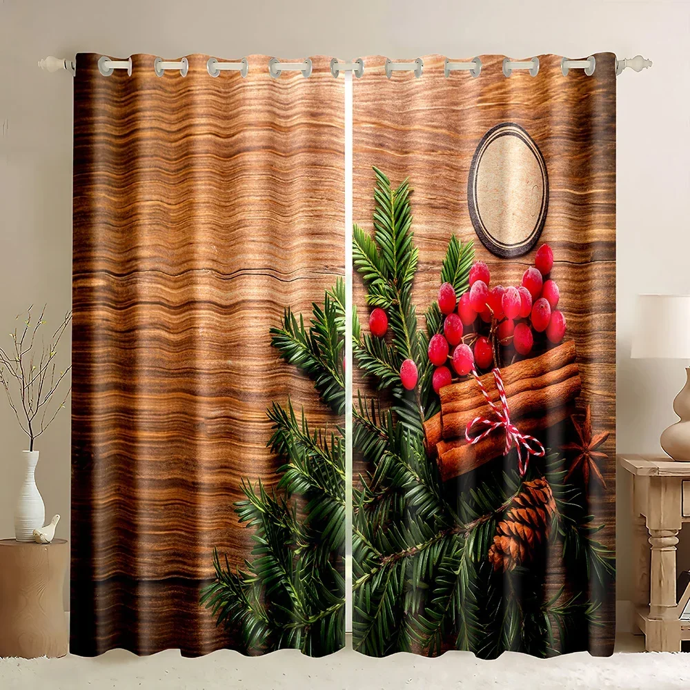 

Christmas Window Curtains Holiday Decorations Floral Pine Branch On Wooden Desktop Farmhouse Style Long Window Blackout Drapes