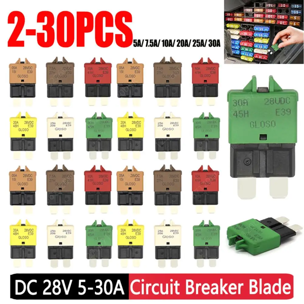 2-30 sztuk 5/7.5/10/15/20/25/30A DC28V resetem ręcznym bezpiecznik Adapter ATC przerywacz bezpiecznik ostrza do rajdów samochodowych