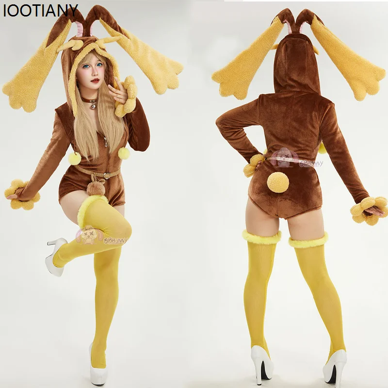 

Halloween Yellow Long Ear Rabbit Plush Jumpsuits Adult Cute Anime Cosplay Costume Women Sexy Bodysuit Socks Set Carnival Pajamas