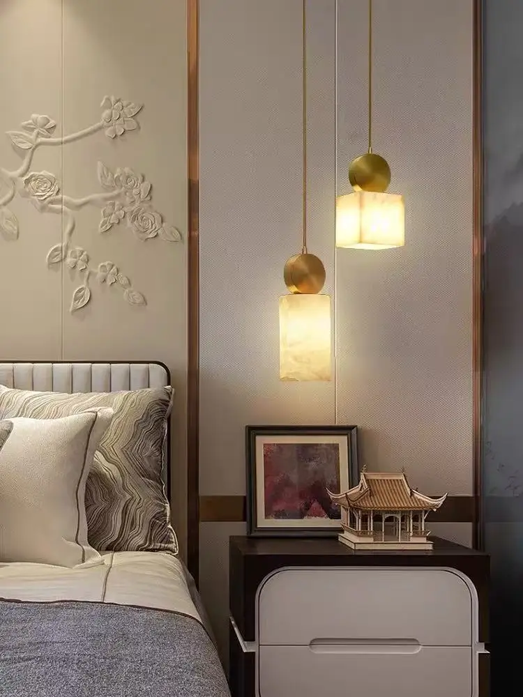 New Chinese  All Copper Geometric Marble Cloud Stone Pendant Lights Art Creative Lamp for Living Room Home Decoration Chandelier