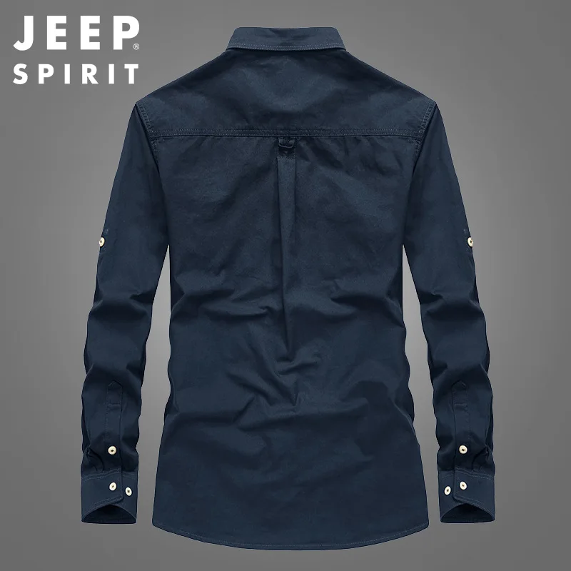 JEEP SPIRIT men casual long-sleeved shirt fashion all-match solid color loose large size youth business square collar simple top