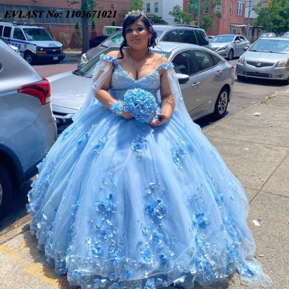 EVLAST Princess Sky Blue Quinnceanera Dress Ball Gown 3D Floral Lace Applique Beads With Cape Sweet 16 Vestidos De 15 Anos SQ511