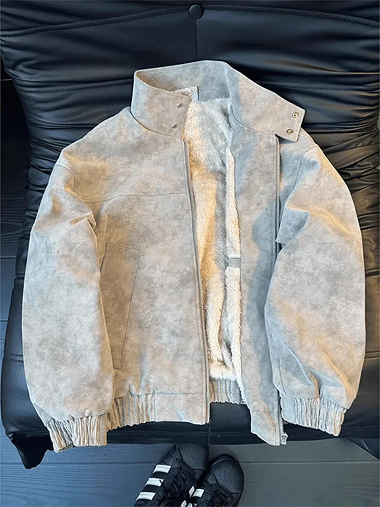 

Retro American Dyed PU Leather Jaet Cotton Coat Men's Winter Fce Lined Warmth f High Collar Motorcycle Outerwear