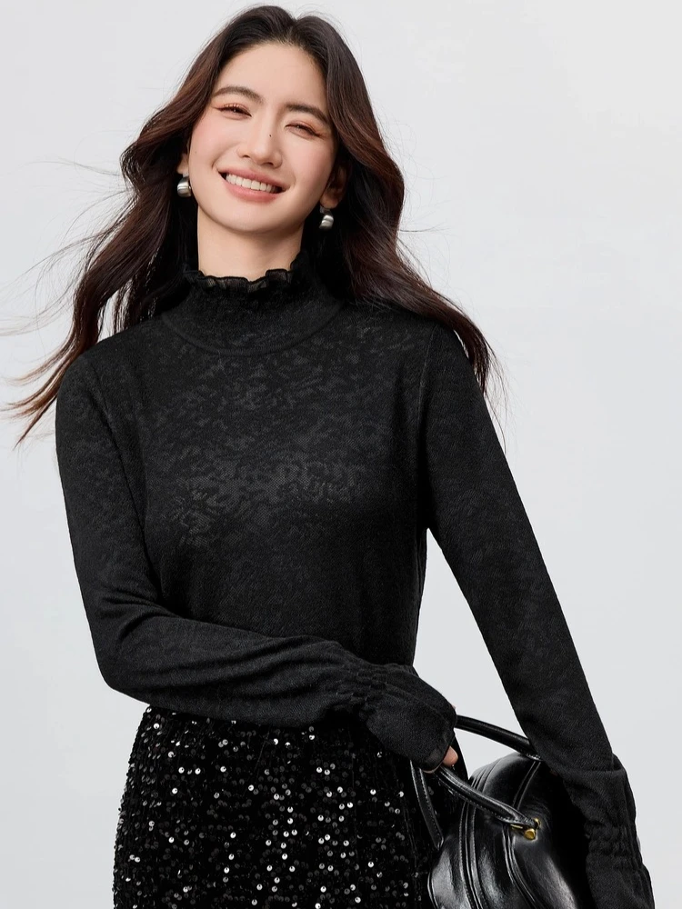 

SENTUBILA Women's Wool Blend Lace Pullover 2025 Autumn Elegant Commuter Turtleneck Flare Sleeve Soft Stretch Knit Top W53HI3520