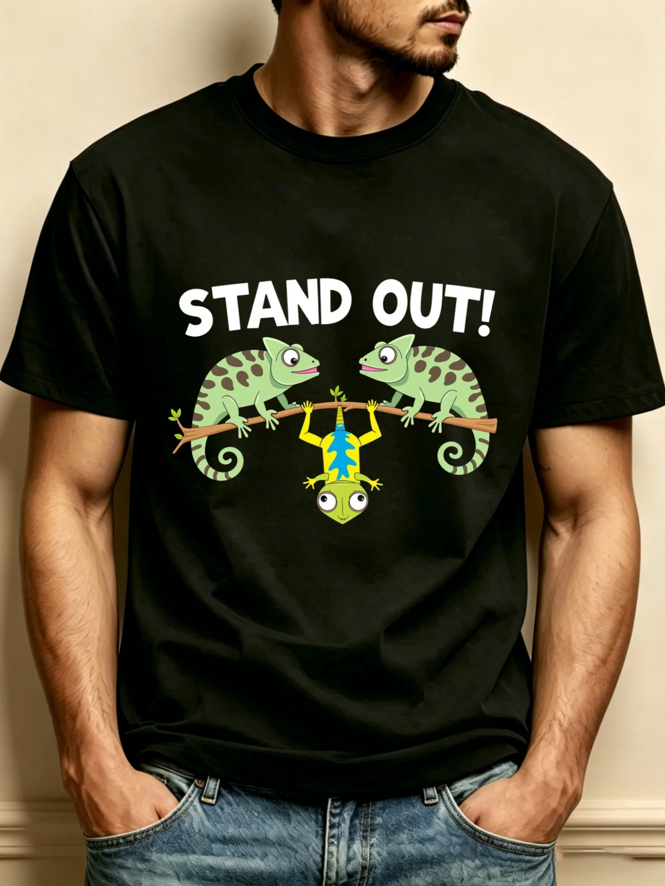 Chameleon Design Eye-Catching Men's Round Neck T-Shirt, Loose Fit, Fashionable and Versatile, Soft and Comfortable Fabric, Suitable for Daily Wear and Holiday Gifts. Bold Text with Chameleon Pattern Highlights Individuality. Ideal Choice for Spring and Summer Wear. Ideal Gift for Friends, Family, Birthday Parties and Other Happy Occasions