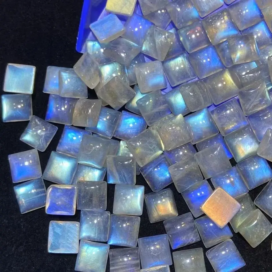 Wholesale 2pcs Rainbow Blue Flash Labraodrite Bead Cabochons 10mm Square Semi-Precious Gemstone Cabochon Ring Face