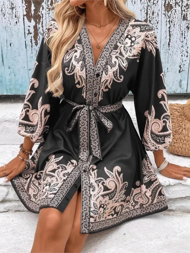 Casual Print Loose Dress Lady Fashion Long Sleeve V Neck Pullover Lace Up Mini Dresses Women Boho Holiday Beach Skirts Clothes