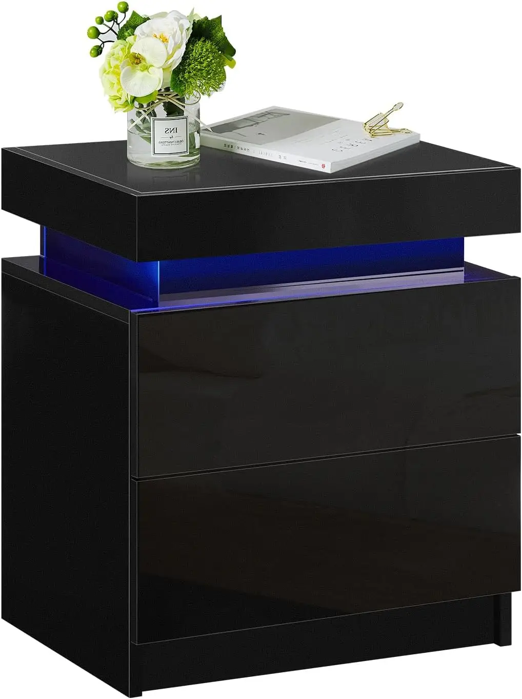 

Bla Nightstand With Led Lights, Smart Night Stand With Flip Top Storage, Bedside Table With 2 High Gloss Drawers, Modern End