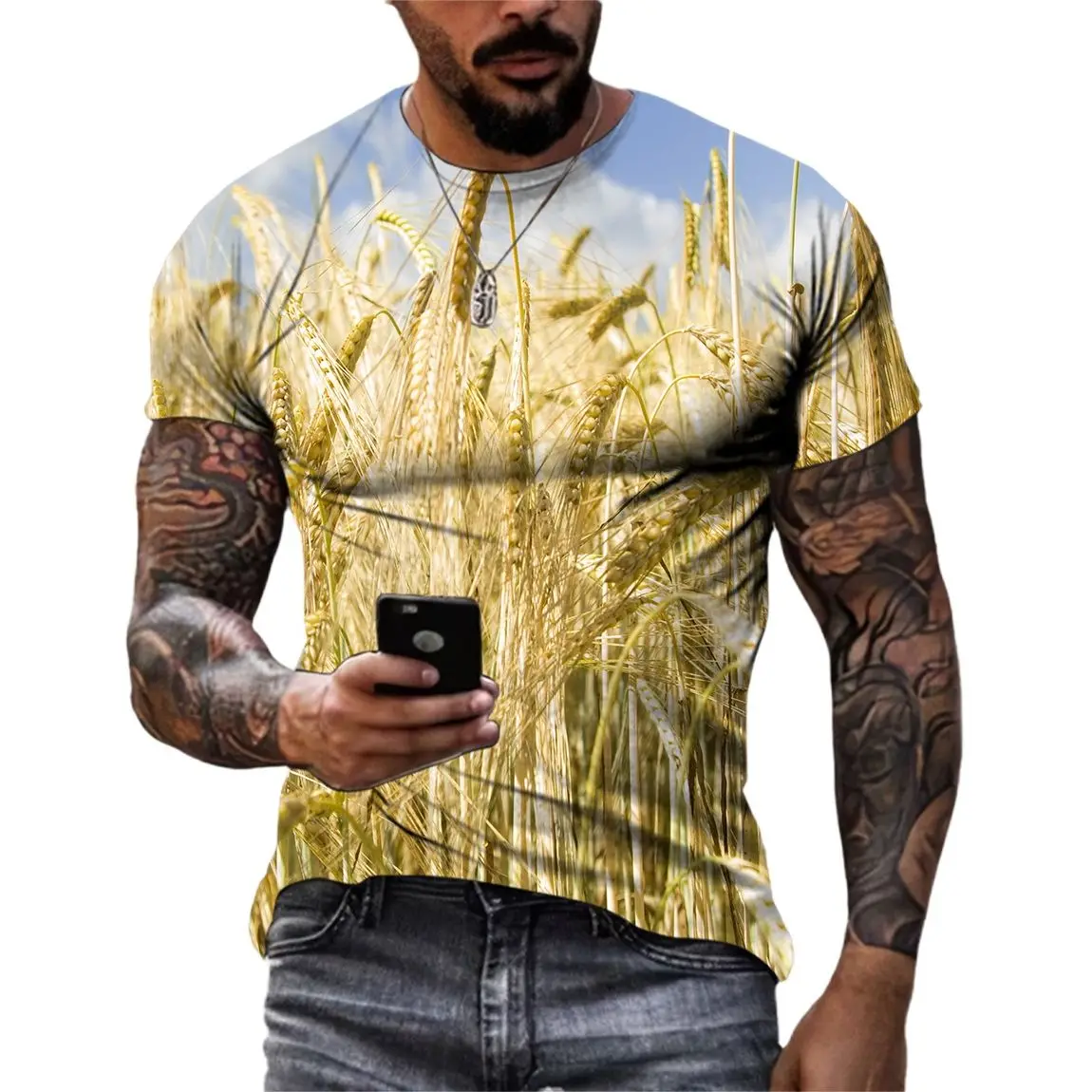 Summer New Trend Harvest Wheat Field Men T-Shirts Casual 3D Print Hip Hop Tees Personality Round Neck Loose Short Sleeve Tops