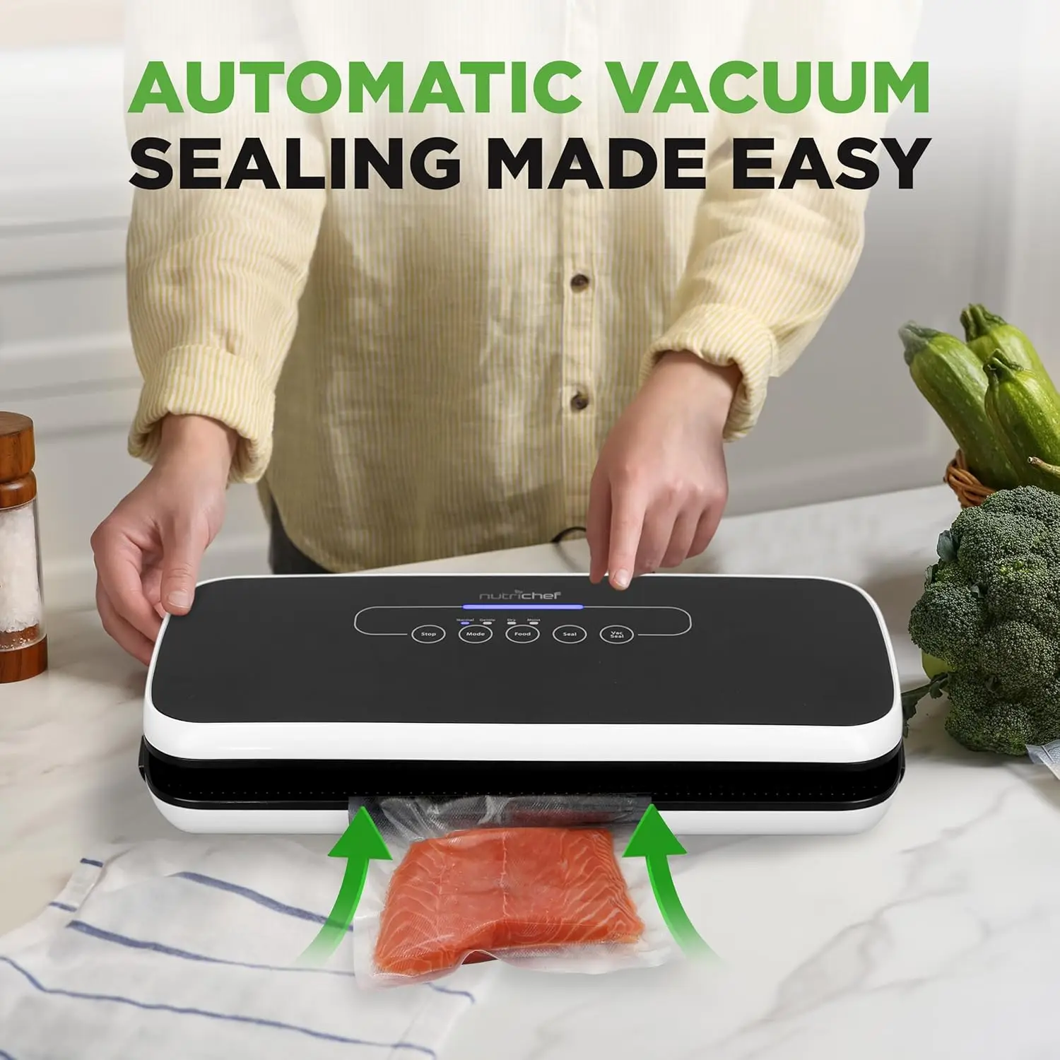 NutriChef 自動真空シーラー - 食品保存システム、スターターキット付き、乾燥＆湿気モード、LEDインジケーター、コンパクト、ブラック