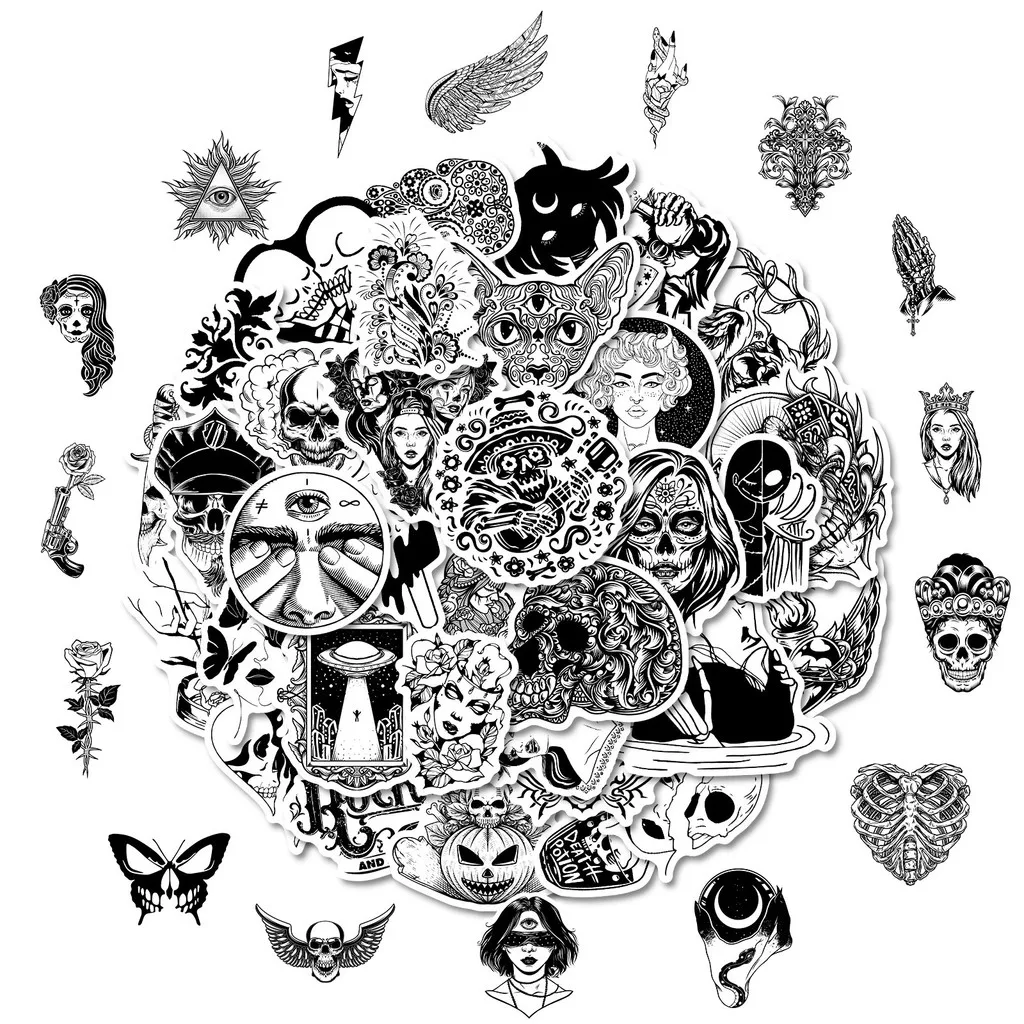 50-Piece Unique Horror Black & White Stickers - Non-Repeatable PP Waterproof Decals with Skull, Butterfly Giajar Sticker Store